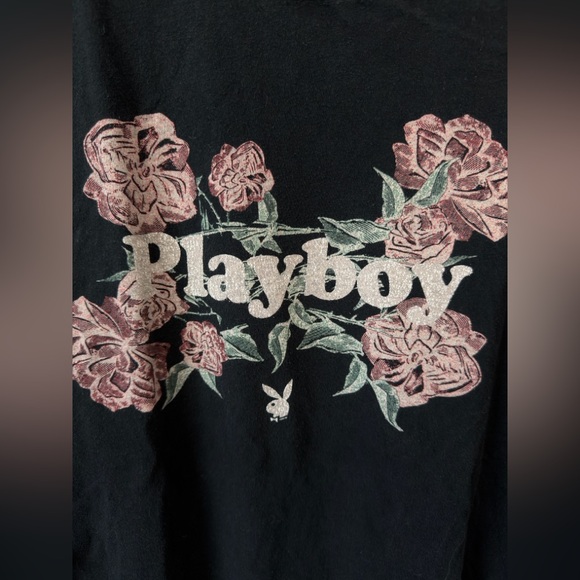 Playboy Black Tee with Pink Rose Design - Picture 2 of 4